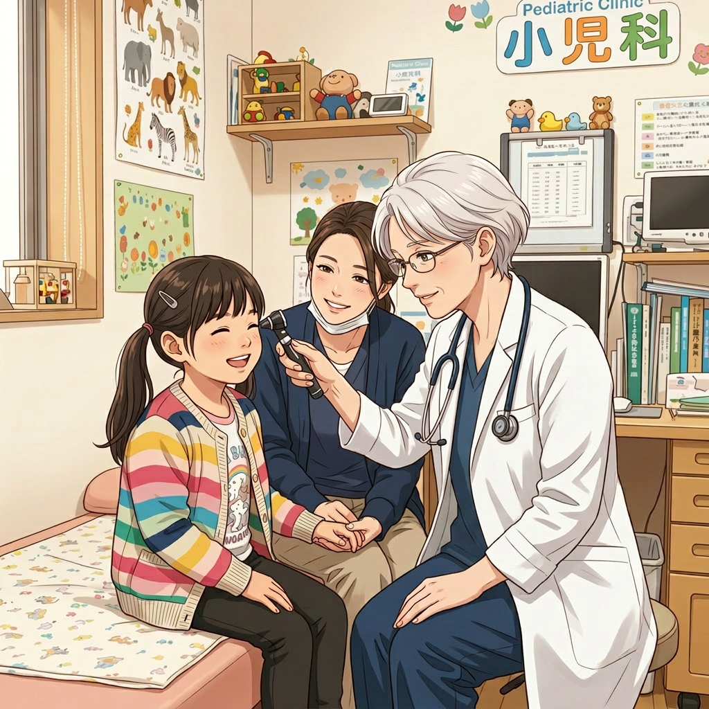 Pediatrician checking young girl's ear with otoscope during medical exam